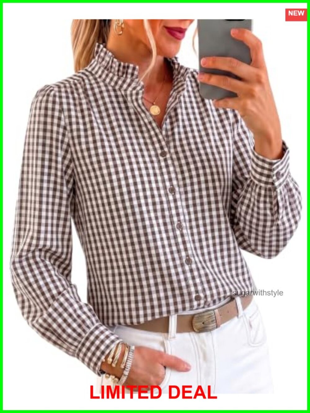 Womens Cotton Button Down Shirt Ruffle Neck Gingham Plaid Blouse